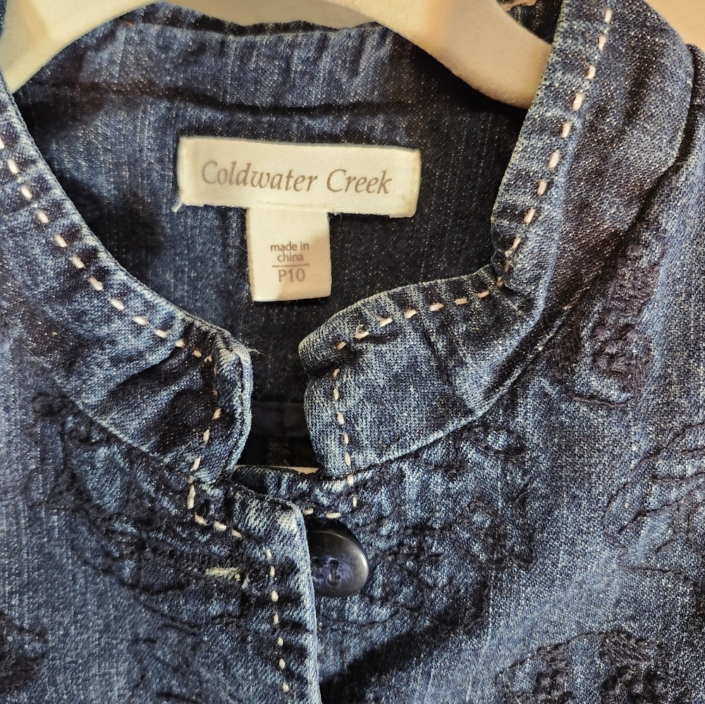 Coldwater Creek Dark Blue Embroidered Jean Fitted Jacket Sz 10p - Picture 2 of 9